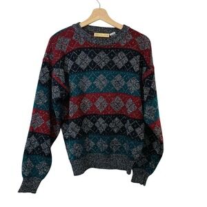 Vintage Adam Sloane Fair Isle Sweater Men Medium Wool Blend ‎ Crew Neck Long Slv